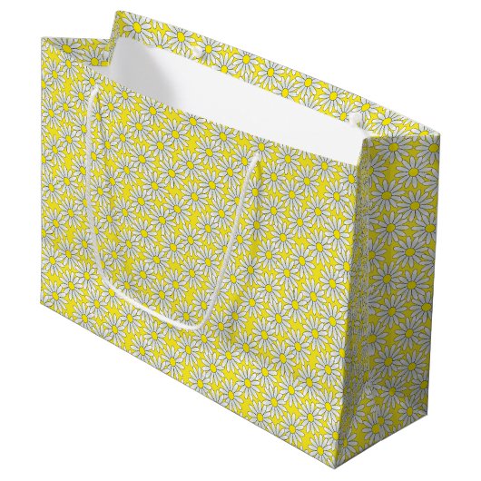 White Daisy Pattern on Yellow Large Gift Bag Cadeautasje (Voorkant Gekanteld)