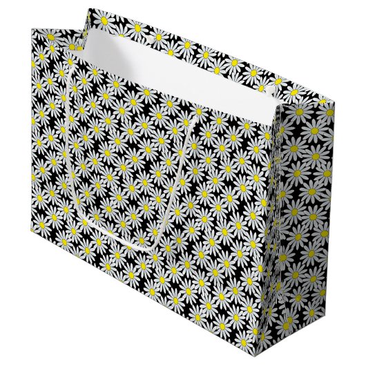 White Daisy Pattern op Black Large Gift Bag Large Cadeautasje (Voorkant Gekanteld)