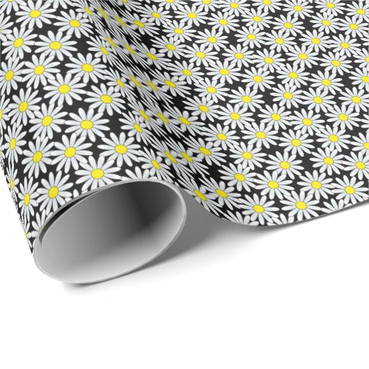 White Daisy Pattern op Black Wrapping Paper Cadeaupapier (Rol Hoek)
