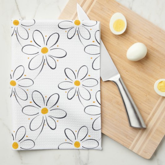 White Daisy Pattern Theedoek (Quarter Fold)
