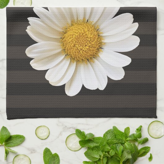 White Daisy Personalized Dark Striped Theedoek (Gevouwen)