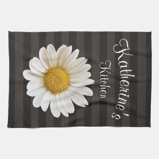 White Daisy Personalized Dark Striped Theedoek (Horizontaal)