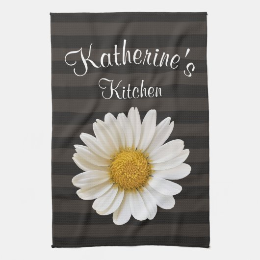 White Daisy Personalized Dark Striped Theedoek (Verticaal)