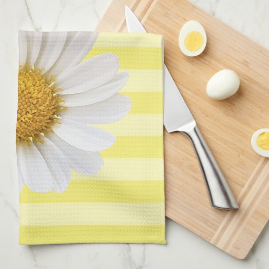White Daisy Personalized Yellow Striped Theedoek (Quarter Fold)