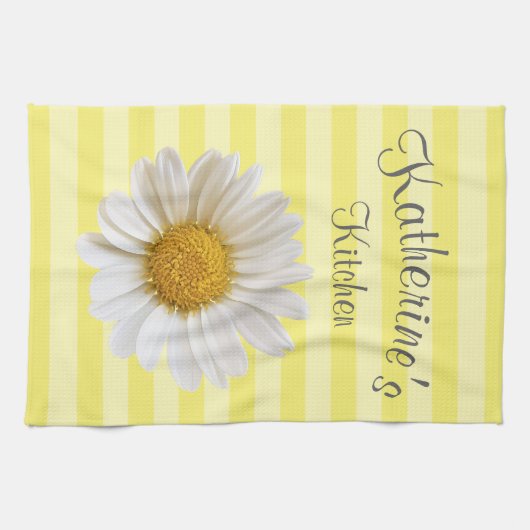 White Daisy Personalized Yellow Striped Theedoek (Horizontaal)