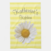 White Daisy Personalized Yellow Striped Theedoek (Verticaal)