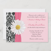 White Daisy Pink Black Damask Wedding Uitnodiging (Voorkant)