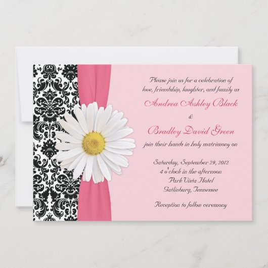 White Daisy Pink Black Damask Wedding Uitnodiging (Voorkant)