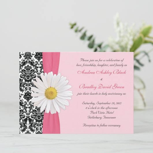 White Daisy Pink Black Damask Wedding Uitnodiging (Staand voorkant)