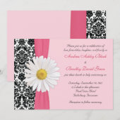 White Daisy Pink Black Damask Wedding Uitnodiging (Voorkant / Achterkant)