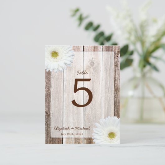 White Daisy Rustic Barn Wood Trouwtafel Nummer Briefkaart (Staand voorkant)