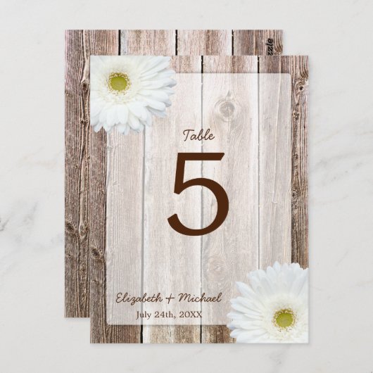 White Daisy Rustic Barn Wood Trouwtafel Nummer Briefkaart (Voorkant / Achterkant)
