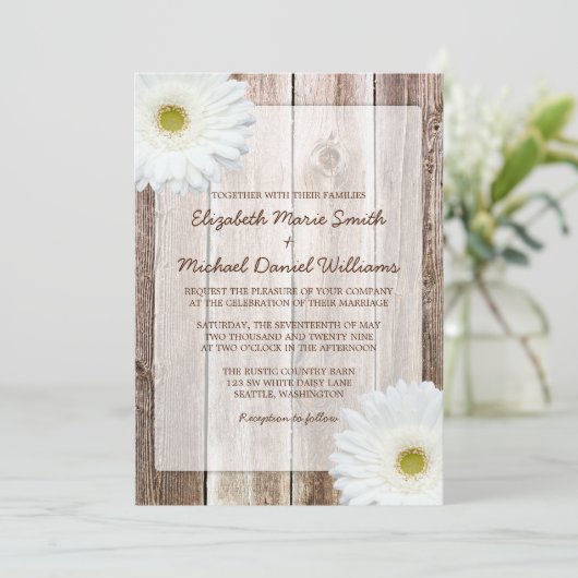White Daisy Rustic Barn Wood Wedding Invitations Kaart (Staand voorkant)