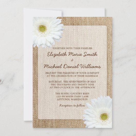 White Daisy Rustic Burlap Wedding Invitations Kaart (Voorkant)