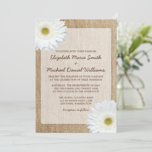 White Daisy Rustic Burlap Wedding Invitations Kaart (Staand voorkant)