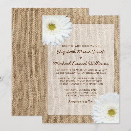 White Daisy Rustic Burlap Wedding Invitations Kaart (Voorkant / Achterkant)
