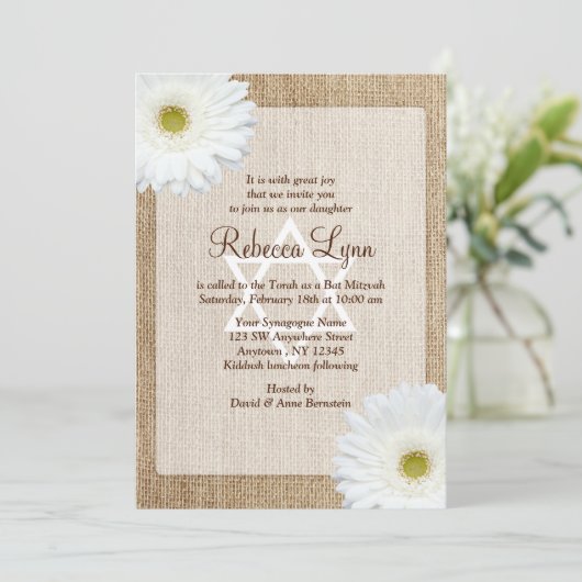 White Daisy Rustic Burlap Western Bat Mitzvah Kaart (Staand voorkant)