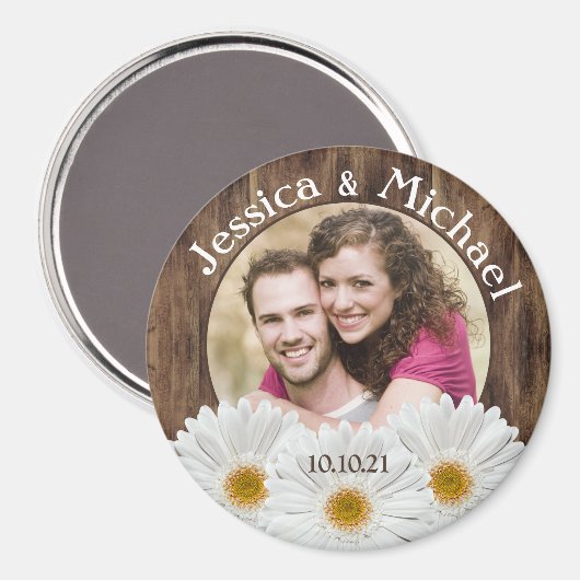 White Daisy Rustic Wood Photo Weduwnaar Save Date Magneet (Voorkant / Achterkant)