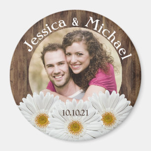 White Daisy Rustic Wood Photo Weduwnaar Save Date Magneet