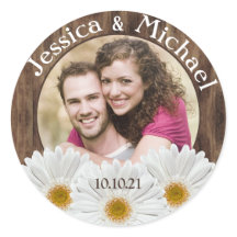 White Daisy Rustic Wood Photo Weduwnaar Save Date