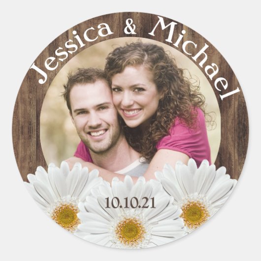 White Daisy Rustic Wood Photo Weduwnaar Save Date Ronde Sticker (Voorkant)