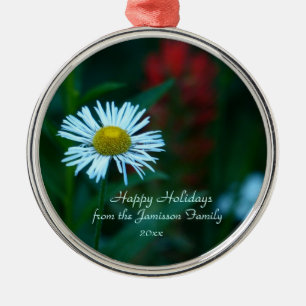 White Daisy Wildflower, Green, Name, Kerstmis Metalen Ornament