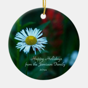 White Daisy Wildflower Kerstannament, Round Keramisch Ornament