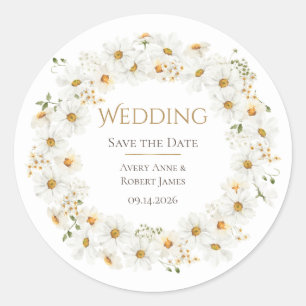White Daisy WreatWaterverf  Save the Date Ronde Sticker