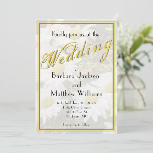 White Daisy Yellow Gold Script BoHo Spring Wedding Kaart (Staand voorkant)