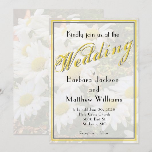 White Daisy Yellow Gold Script BoHo Spring Wedding Kaart (Voorkant / Achterkant)
