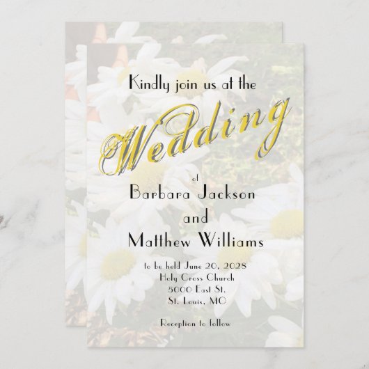 White Daisy Yellow Gold Script BoHo Spring Wedding Kaart (Voorkant / Achterkant)