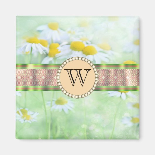 White Daisy's in Green Meadow Monogram Magneet (Voorkant)