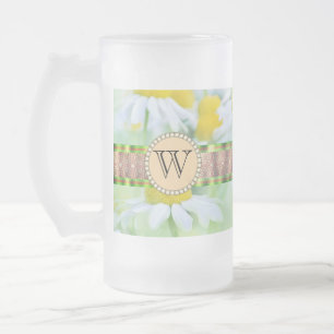 White Daisy's in Green Meadow Monogram Matglas Bierpul