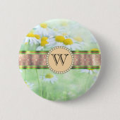 White Daisy's in Green Meadow Monogram Ronde Button 5,7 Cm (Voorkant)