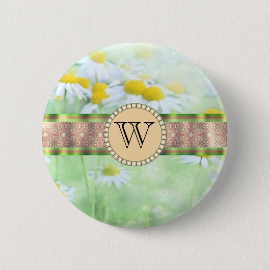 White Daisy's in Green Meadow Monogram Ronde Button 5,7 Cm (Voorkant)