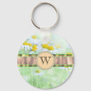 White Daisy's in Green Meadow Monogram Sleutelhanger
