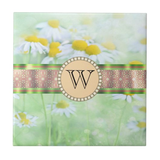 White Daisy's in Green Meadow Monogram Tegeltje (Voorkant)