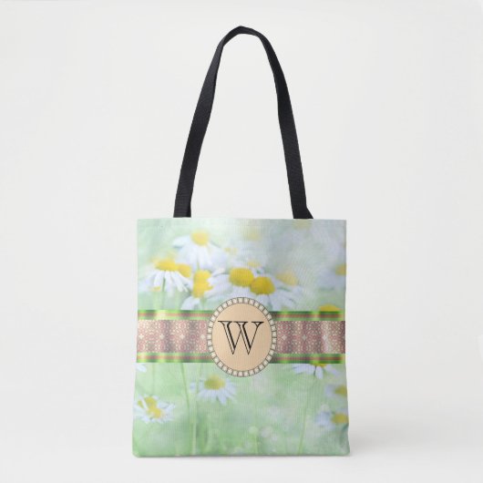 White Daisy's in Green Meadow Monogram Tote Bag (Voorkant)