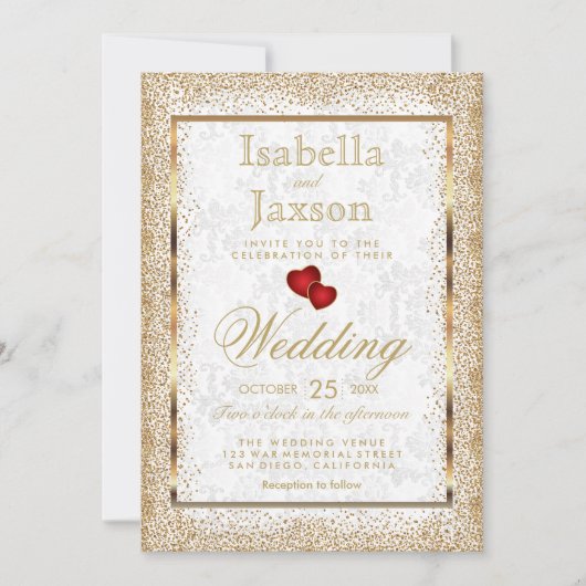 White Damask and Gold Confetti Invitation Kaart (Voorkant)