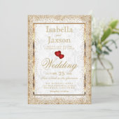 White Damask and Gold Confetti Invitation Kaart (Staand voorkant)
