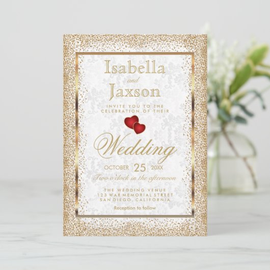 White Damask and Gold Confetti Invitation Kaart (Staand voorkant)
