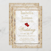 White Damask and Gold Confetti Invitation Kaart (Voorkant / Achterkant)