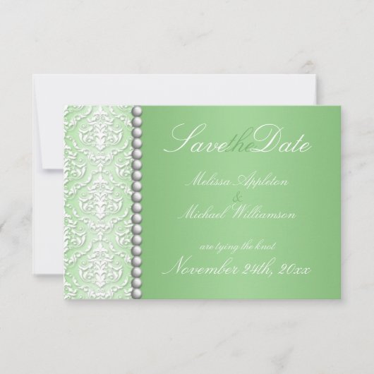 White Damask & Bead Green Wedding Save the Date (Voorkant)