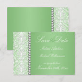 White Damask & Bead Green Wedding Save the Date (Voorkant / Achterkant)