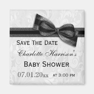 White Damask & Black Bow Baby shower Save the Date Magneet