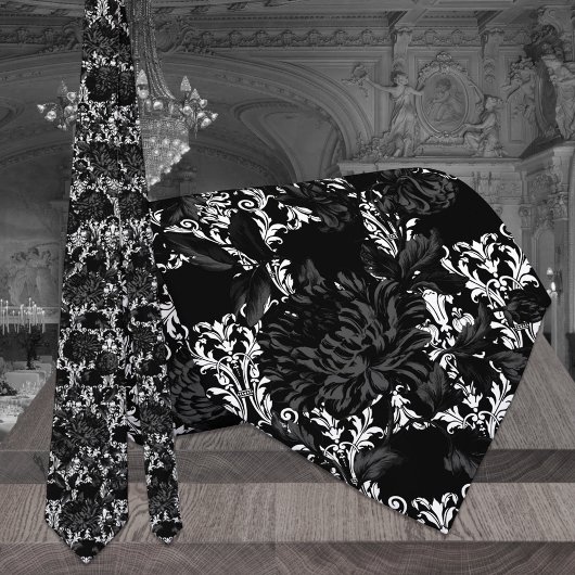 White Damask Black Floral Wedding Stropdas