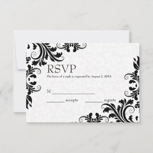 White Damask & Black Lace RSVP Kaartje (Voorkant)