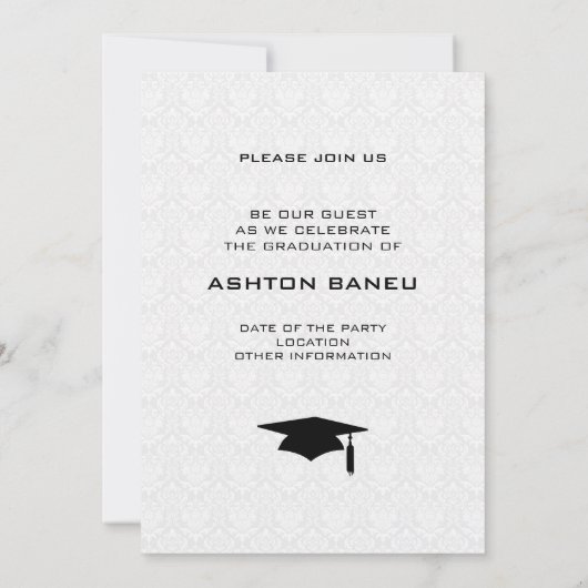 White Damask Black Typography-Afstuderen Kaart (Achterkant)