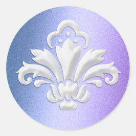 White Damask Design op Blue en Paars Ronde Sticker