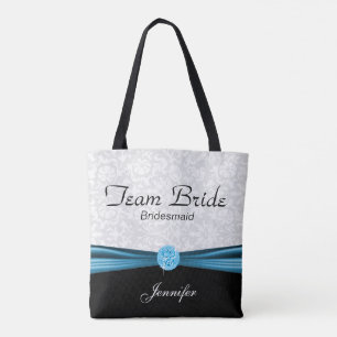 White Damask en Blue Team Bride Tote Bag